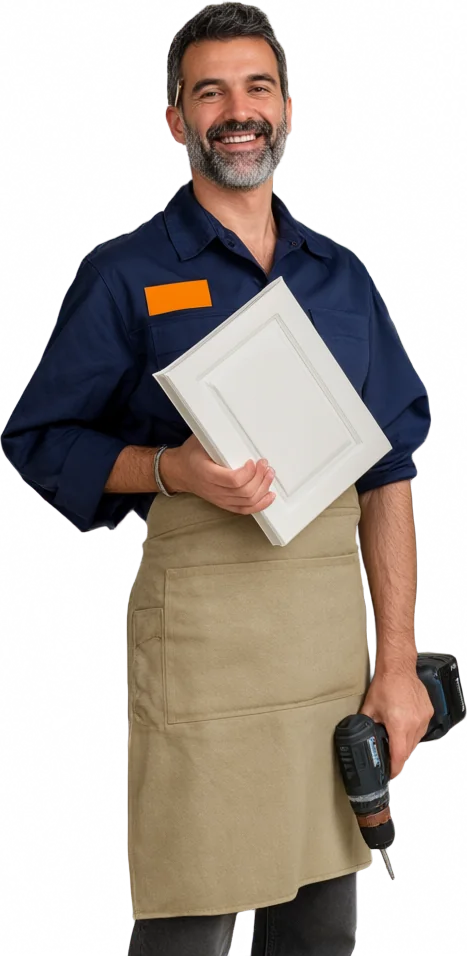 Carpenter holding a cabinet door and a cordless drill
