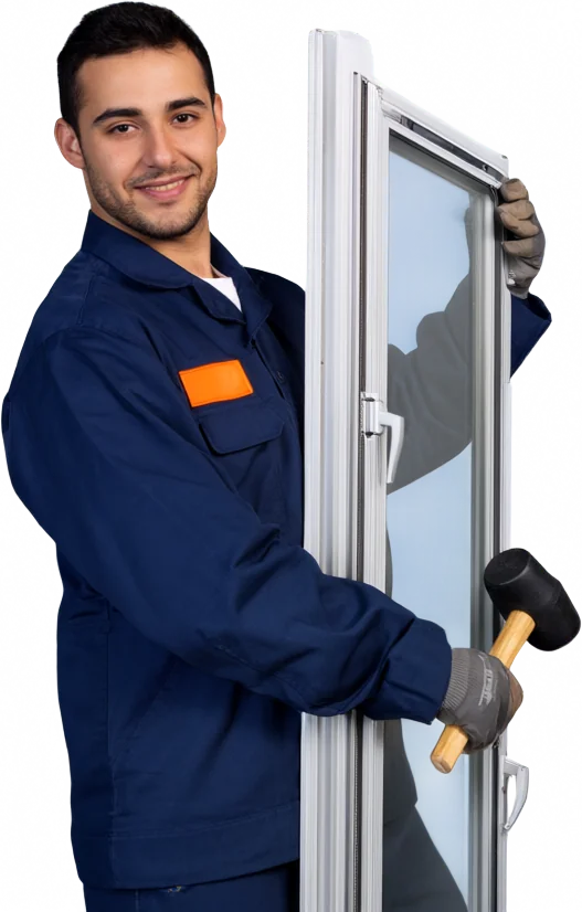 Technician holding an aluminum sliding window frame