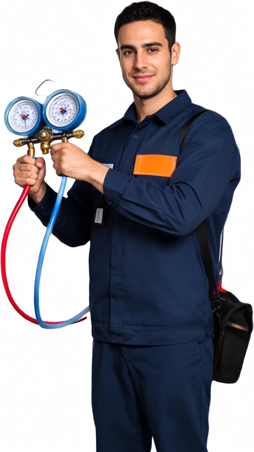 HVAC technician holding a refrigerant gauge set