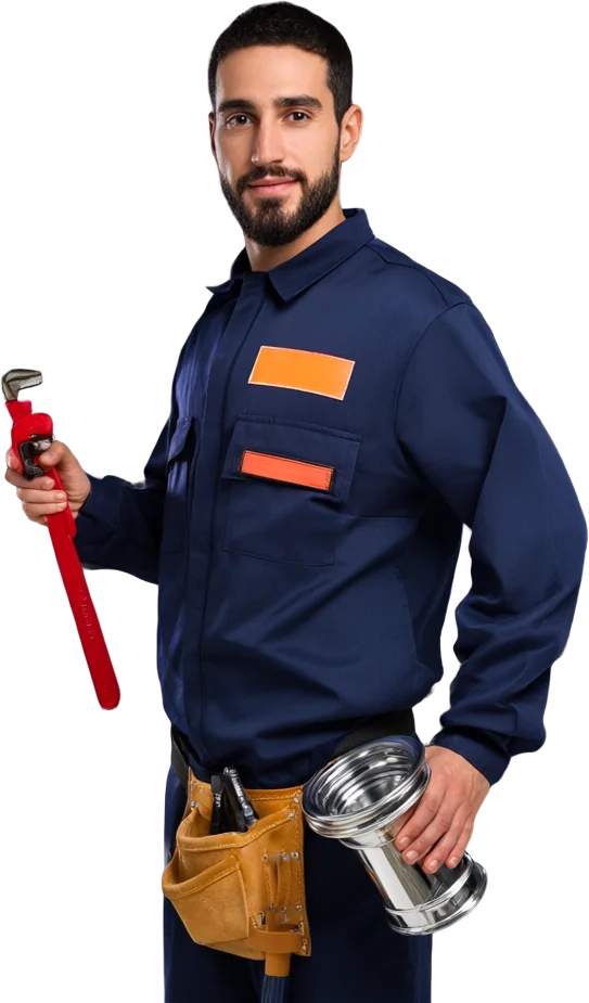 Plumber holding a pipe wrench and a sink trap pipe